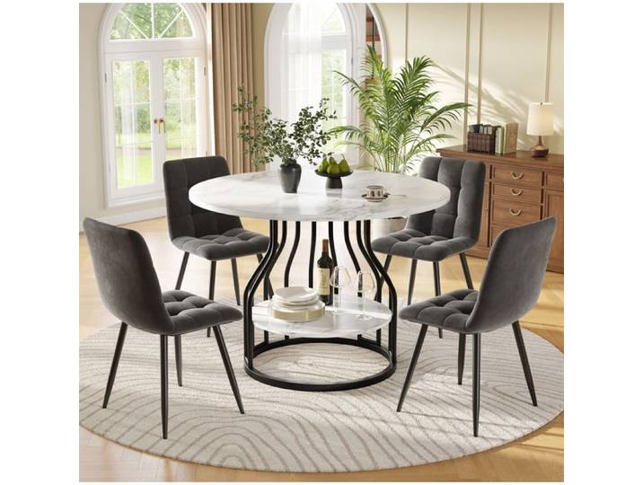 WUVRIE Ensemble table ronde effet marbre 5 pièces 1 table et 4 chaises pieds métal noir velours gris