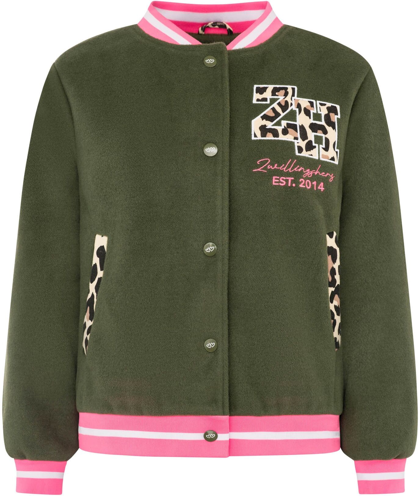 Bomberjacke ZWILLINGSHERZ "„College Leo“", Damen, Gr. M, grün (olive), Obermaterial: 100% Polyester, Jacken Bomberjacke, gestreifte Bündchen, Leodetails und Futter, Druckknopfleiste olive M