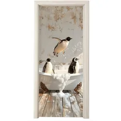 TÜRAUFKLEBER Vintage - Pinguin - Badewanne - Schaumstoff Deko Schlafzimmer 95x215 cm - Türtapete