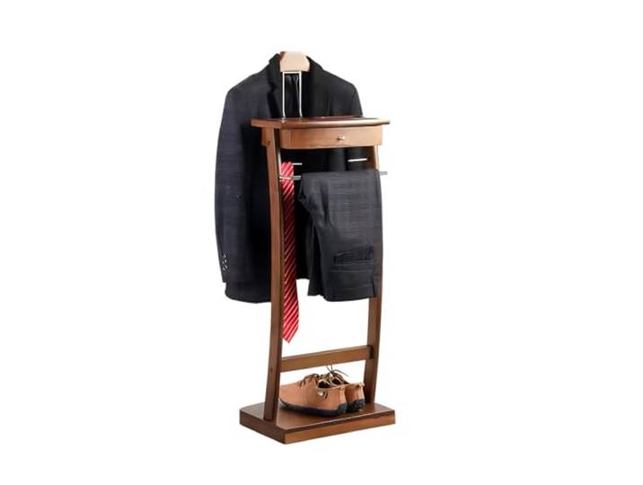 Qcesorib Stummer Diener aus Massiv Holz, Stummer Damen Diener mit Hosenbügel, Kleiderbutler Stummer Diener mit Tablett, Massiver Sockel, für Schlafzimmer, Wohnzimmer, Walnuss