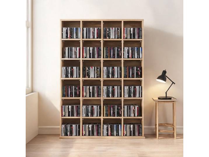 Bibliothèque médias en panneaux de particules bois naturel 89 x 20 x 130 5 cm étagères réglables rangement CD/DVD style sobre