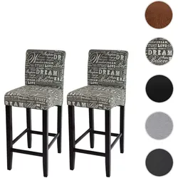 2er-Set Barhocker HWC-C33, Barstuhl Tresenhocker, Holz ~ Schriftzug, grau, dunkle Beine, Stoff/Textil