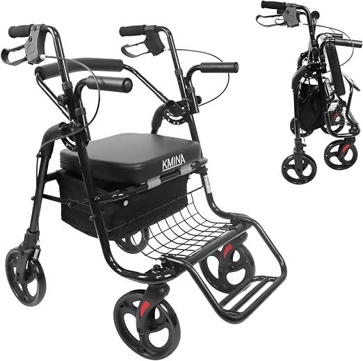 Rollator Rollstuhl 2 in 1 für Glatte Böden, Faltbarer Gehwagen mit Sitz und Korb, Seniorenrollator mit Rollstuhlfunktion, Leichtes Aluminium, Schwarz