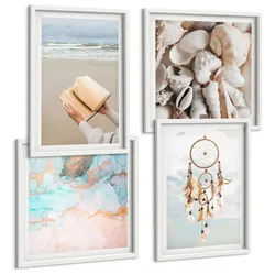 BILDER SET 4er Set - 50x50 cm & 40x60 cm Weißer Rahmen - Boho-Buch mit Muscheln