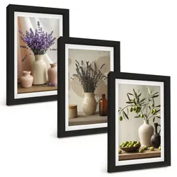 BILDER SET 3er Set - 20x30 cm Schwarzer Rahmen - Lavendelblüten, Oliven, Gefäße