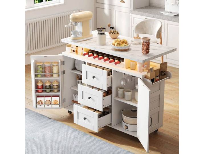 Îlot de Cuisine Mobile 120x42-60x93 cm avec Plan de Travail Rabattable Desserte Cuisine avec 2 tiroirs et 2 Compartiments Blanc