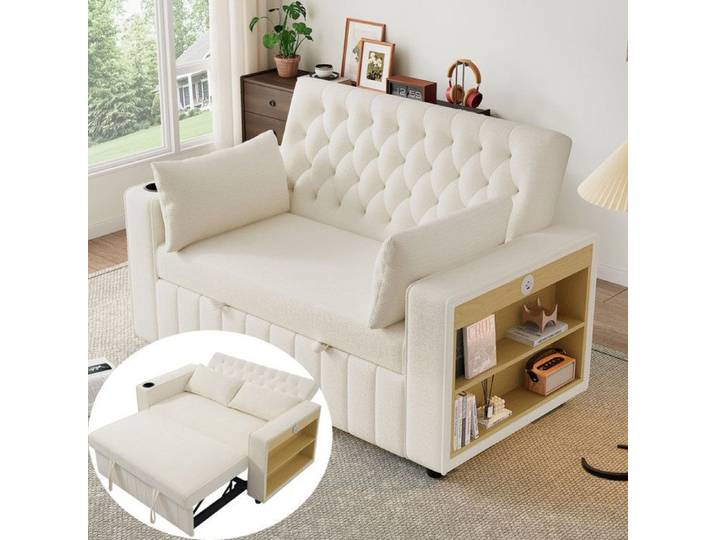 Canapé-lit convertible - Moderne - Beige - Espace de rangement - USB - Coussins