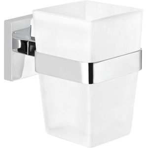 Tesa Zahnputzbecher Deluxxe, 40410, aus Milchglas, zum Kleben, Wandhalterung verchromt, 250 ml