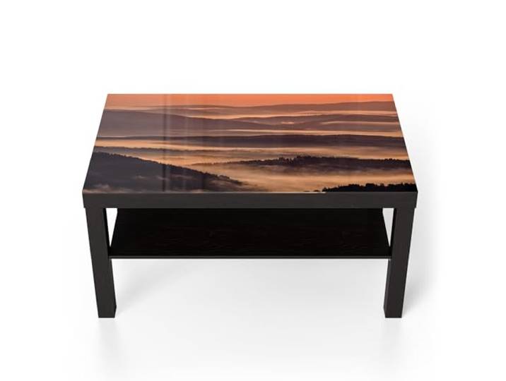 DEQORI Glastisch schwarz groß 90x50 cm Motiv Nebelberge im Morgenrot ausgefallener Beistelltisch aus Glas Hochglanz Couchtisch fürs Wohnzimmer moderner Couch Tisch mit Design
