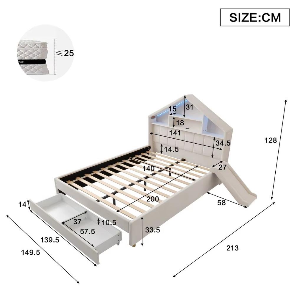 Kinderhausbett - Holzmodell - 140 x 200 cm - Mit Rutsche - Links oder rechts montierbar - Kopfteil mit Ablage - Großer Bettkasten mit Schublade - Beige