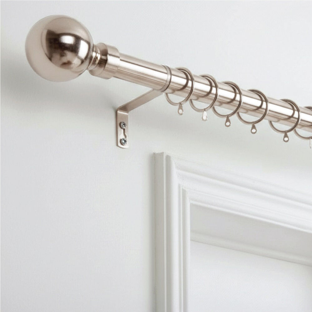 Symple Stuff Extendable Metal Curtain Pole, Adjustable Curtain Rod with Brass Finials & Rings Chrome 180cm - 340cm