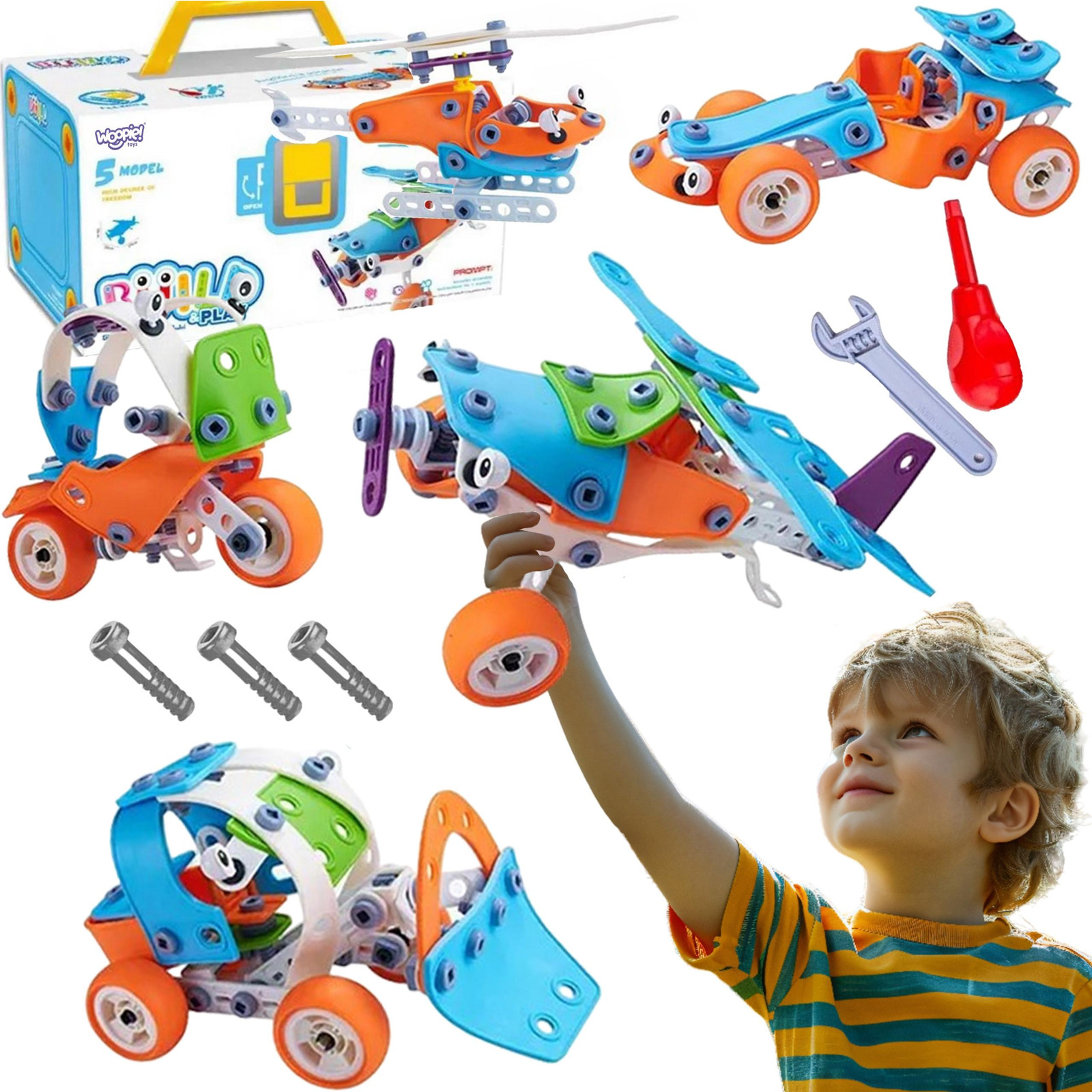 Woopie 5-in-1 stembouwstenen voertuigset