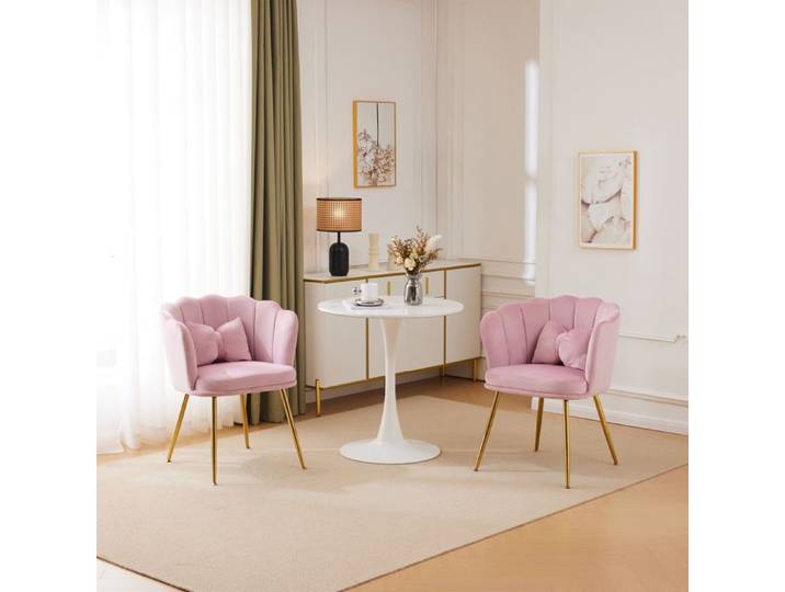 Chaises modernes en velours - Ensemble de 2 chaises - Velours rose - Design pétale - Pieds en métal doré