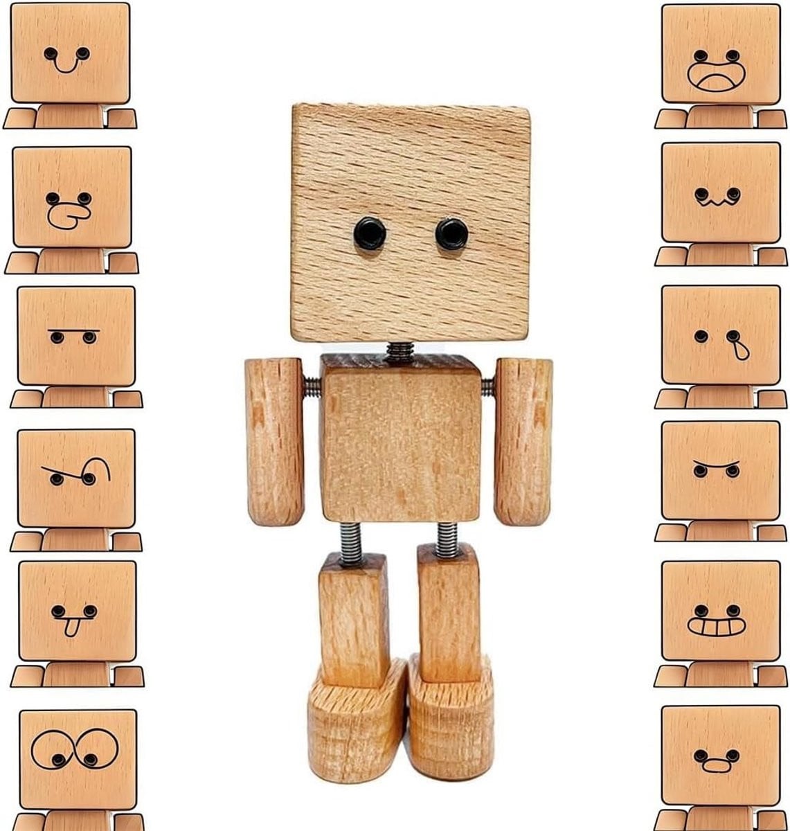 Houten Wobbelende Man met 12 Gezichtsuitdrukkingen voor Dashboard en Decoratie