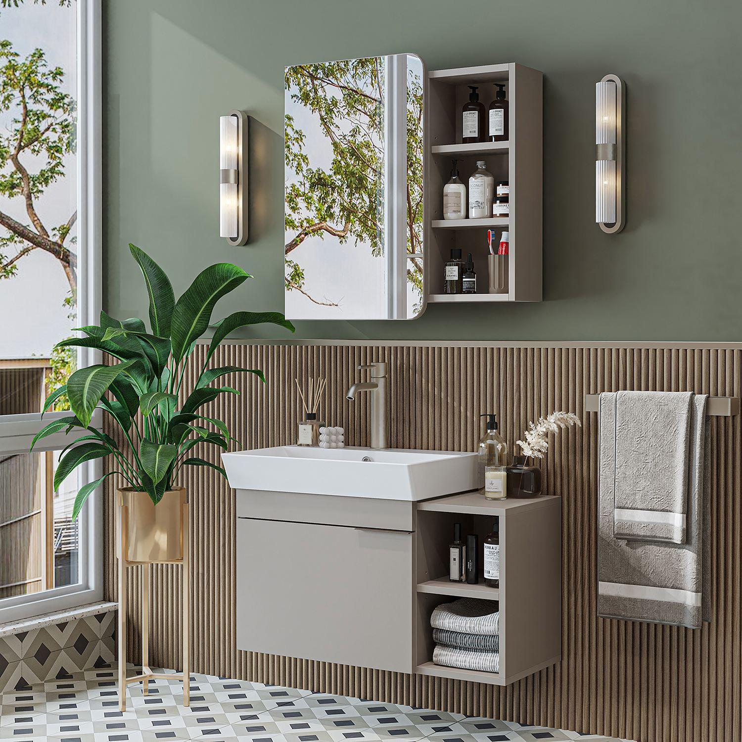 Skye Decor, Moderne Badezimmermöbel Set (2 Teile) mit Waschbecken & Spiegel, Sandstein