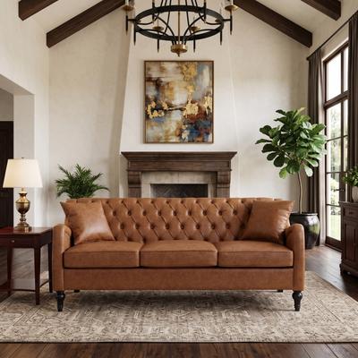 Loedds 75.2-Inch 3-Seat Faux Leather Sofa with Tufted Back & Pillows & Nailhead Trim
