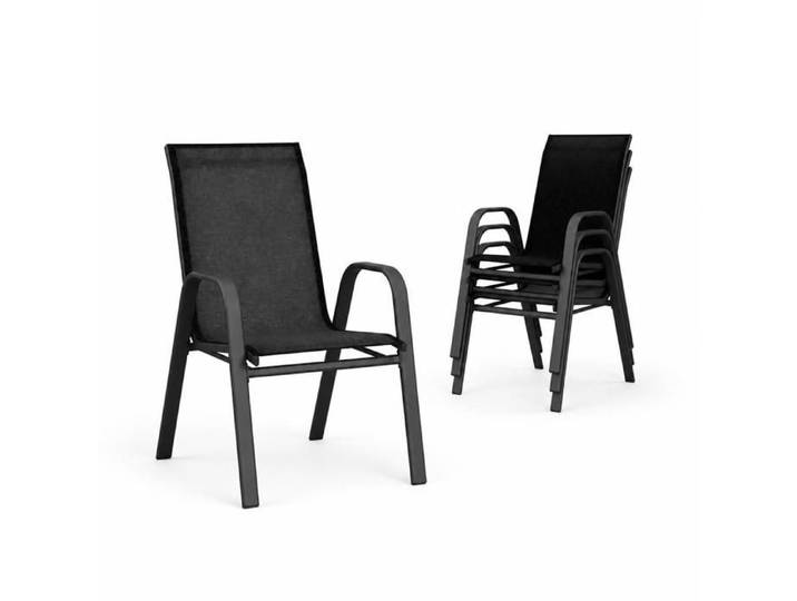 Lot 4 chaises empilables – métal + textilène noir – terrasse jardin balcon – noir/gris