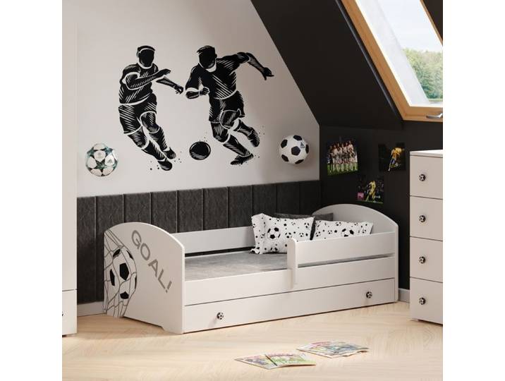 Lit enfant LUK 70x140 avec matelas sommier et tiroir barrière de sécurité Blanc - football
