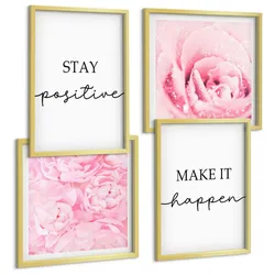 BILDER SET 4er Set - 50x50 cm & 40x60 cm Goldrahmen - Minimalistische rosa Blüten