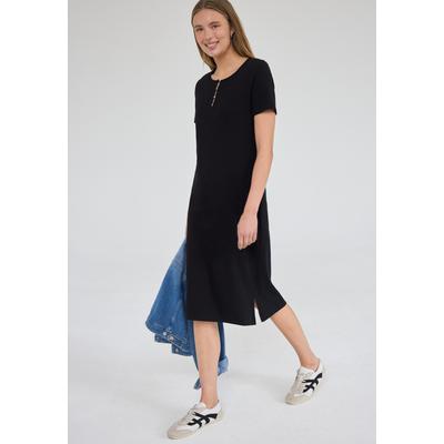 Midikleid STREET ONE STUDIO, Damen, Gr. 42, EURO-Größen, schwarz, Web, 95% Baumwolle, 5% Elasthan, unifarben, normal lang, Rundhals, abgesteppt, Kleider Midikleid, mit Rundhalsausschnitt