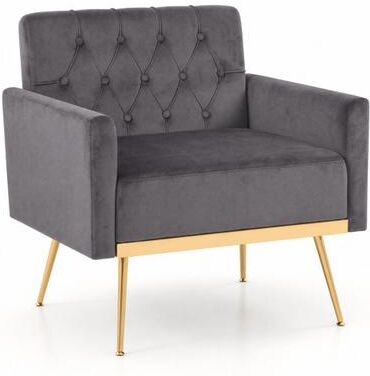 Costway Modern Velvet Upholstered Accent Chair with Button-Tufted Back and Adjustable Feet-Gray