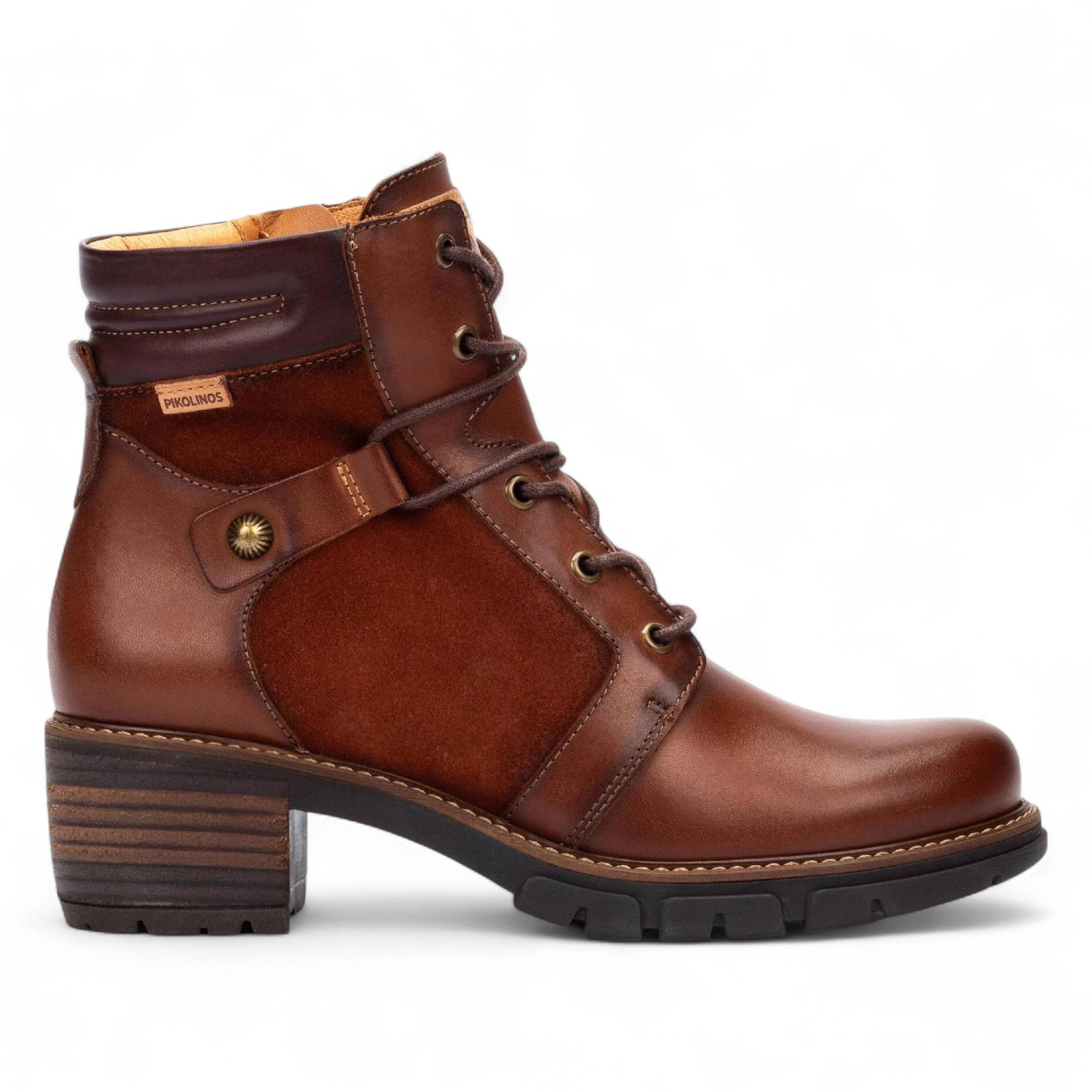 Pikolinos Cuero Braune Leder-Stiefeletten mit Reißverschluss und Schnürabsatz für Damen – San Sebastián