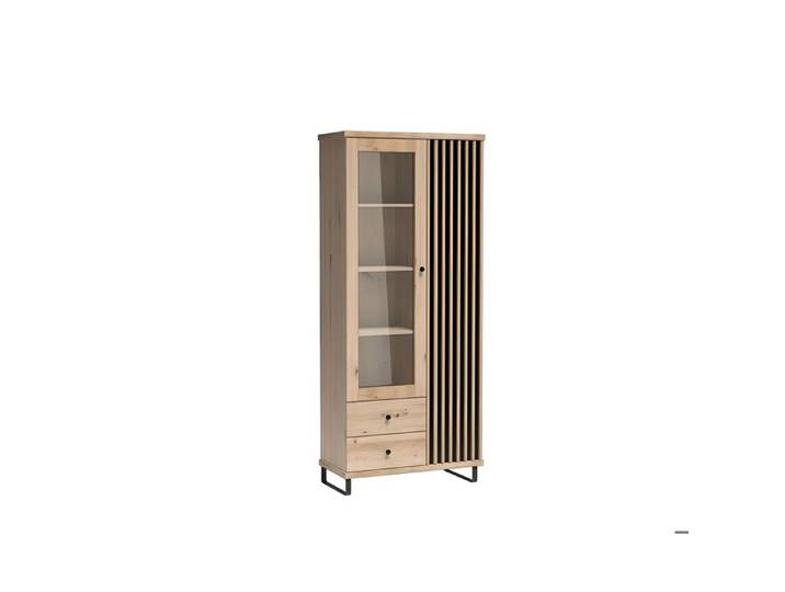 Vitrine 2 portes 2 tiroirs pieds métal 90 cm Chêne et Noir - ZEBRA