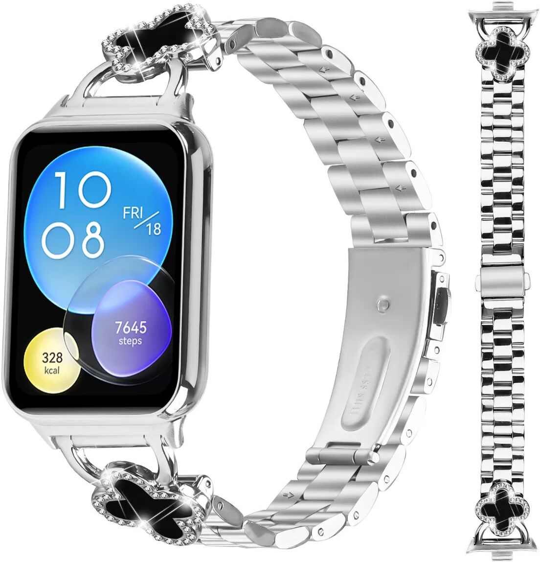 INF Elegantes silbernes Kleeblatt- und Drei-Perlen-Edelstahl-Uhrenarmband kompatibel mit Xiaomi/Redmi Smartwatches
