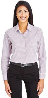 Devon & Jones DG540W Women's CrownLux Performance Micro Windowpane Woven Dress Shirt in Burgundy/White size Medium   Nylon/Spandex Blend