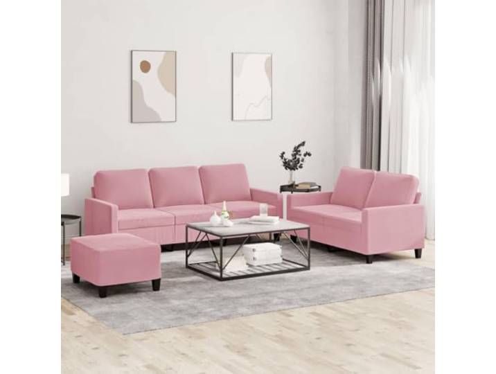 HEFZGDB 3-TLG. Sofagarnitur mit Kissen Rosa Samt – Weiches Velours Sofa Set mit robustem Metallgestell, bequemer Sitzfläche und vielseitigem Hocker für Wohnzimmer Entspannung