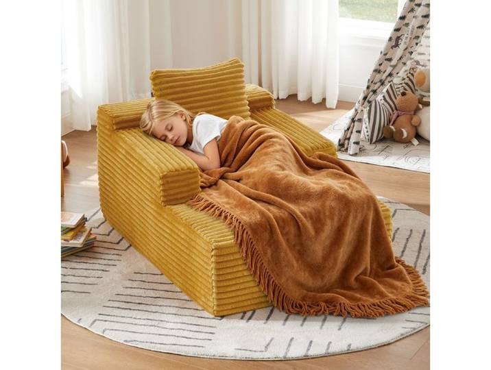 Modenuit chaiselongue 1 place en velours cotele jaune fauteuil relax sans montage