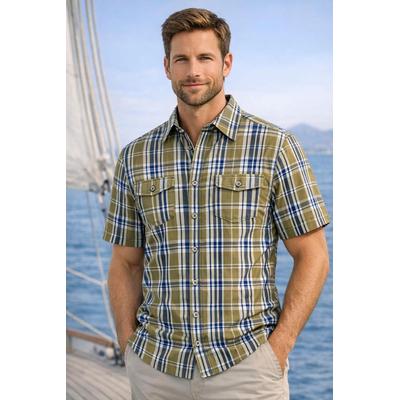 Karohemd MAN'S WORLD, Herren, Gr. XL (43/44), N-Gr, grün (grün kariert), Web, Obermaterial: 100% Baumwolle, kariert, bequem normal, Hemden Karohemd, Kurzarm, für Casualmode, Basic, Frühling und Sommer, aus Baumwolle