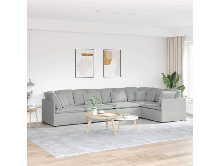 YUTAASU Modulares Sofa mit Kissen Samt Hellgrau 5-teilig, Metallrahmen, Textilene Sitzfläche, Holzarmlehnen, Schaumstofffüllung