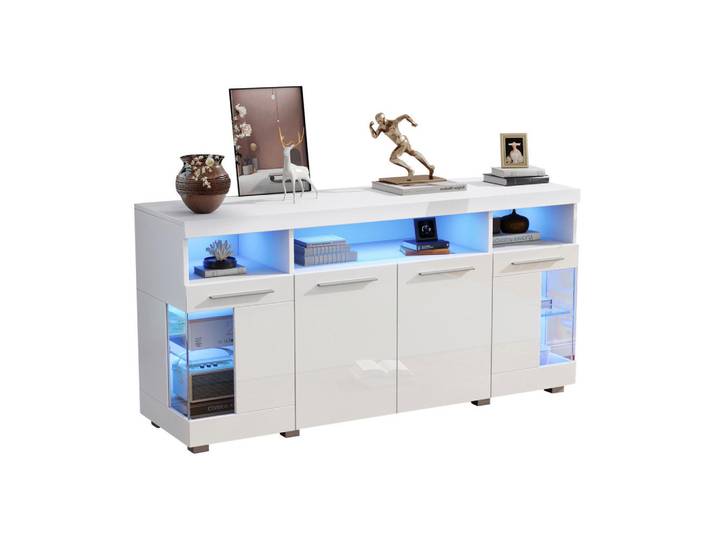 Modfu Sideboard aus MDF 140x40x70 cm Weiß mit LED-Beleuchtung, Hochglanzfront und Türen aus gehärtetem Glas, 140x70x40 cm, Kleinmöbel, Kommoden, Sideboards
