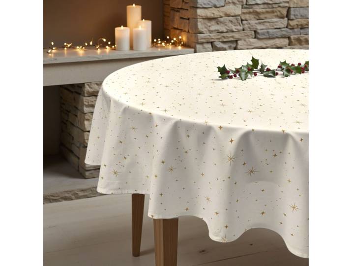 Nappe de noël ronde anti-taches 100% coton or diamètre 190 cm