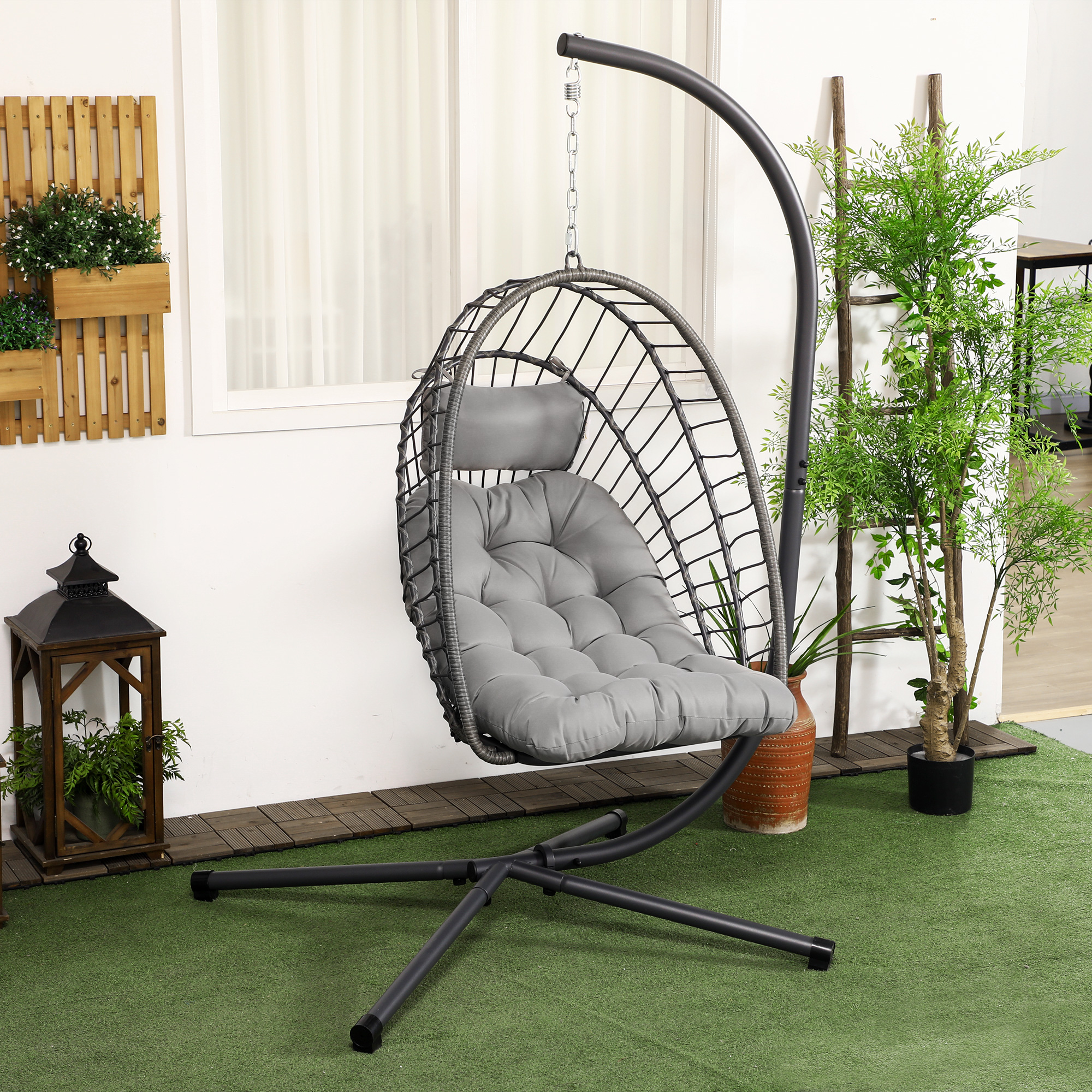 Outsunny Poltrona Sospesa in Rattan PE con Cuscino, Seduta Pieghevole e Struttura in Acciaio, Grigio Aosom