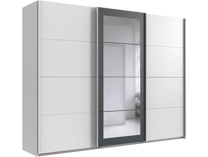 Schwebetürenschrank WIMEX RINTELN mit Spiegel, erhältlich in den Breiten: 225cm, 270cm & 313cm , weiß (weiß, abgesetzt grafit, griffe weiß), B:270cm H:208cm T:65cm, Holzwerkstoff, Schränke, Schwebetürenschrank, 3-türiger Schrank in verschiedenen Farben erhältlich