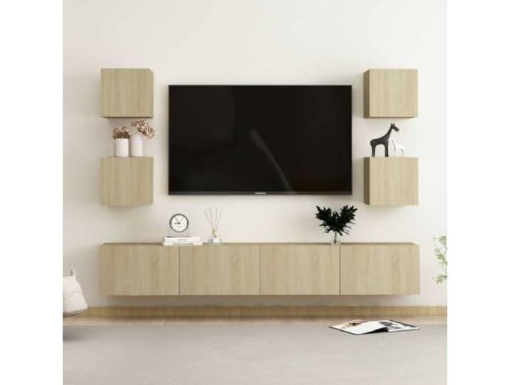HEFZGDB 6-TLG. TV-Schrank-Set Sonoma-Eiche Holzwerkstoff mit Wandmontage und Staufächern für Wohnzimmer Aufbewahrung