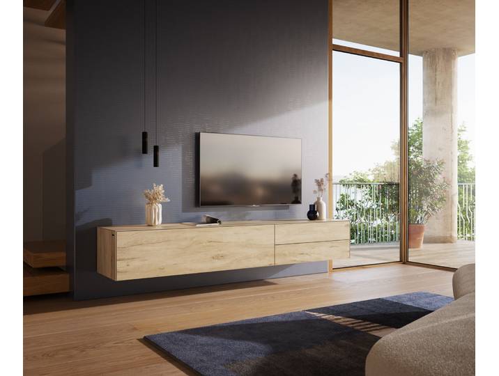 Meuble TV Cuor 220 cm Céramique Laminam® Sabbia Teinte chêne 1 Clapet 2 Tiroirs Flottant