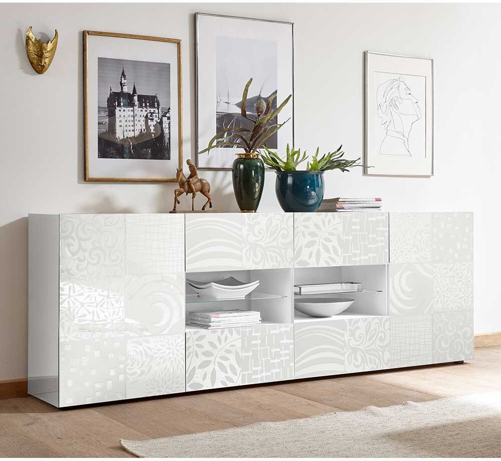 Pharao24.de Esszimmer Sideboard in Weiß Hochglanz Siebdruck verziert