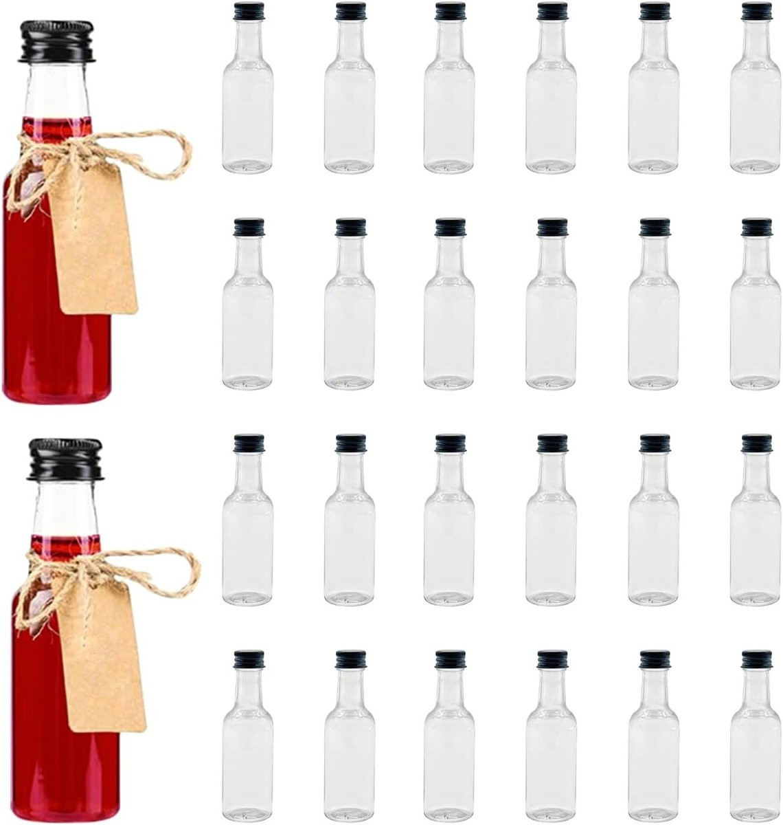 Set van 24 herbruikbare plastic mini flessen van 50 ml inclusief 2 mini trechters en 24 labels