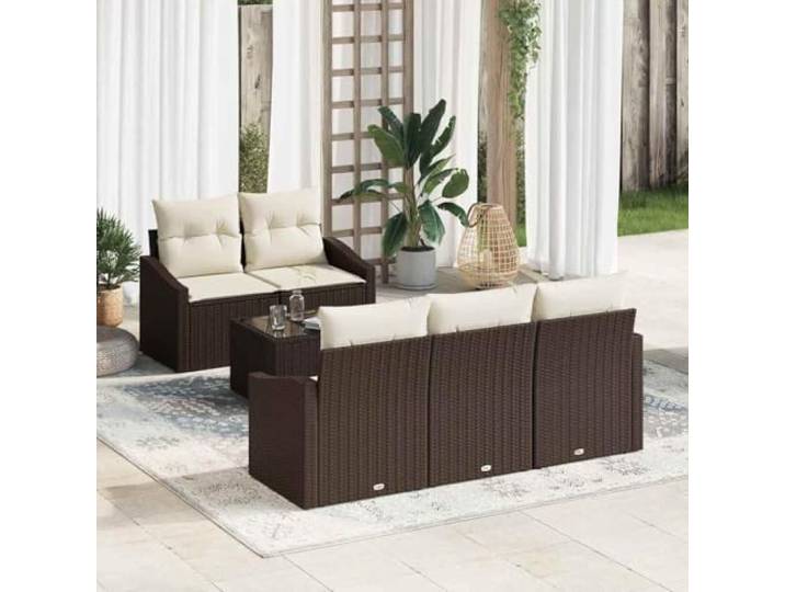 HEFZGDB 6 Stück Poly Rattan Sofa Set mit Kissen Sitzgruppe Poly Möbel in Braun und Creme für den Außenbereich