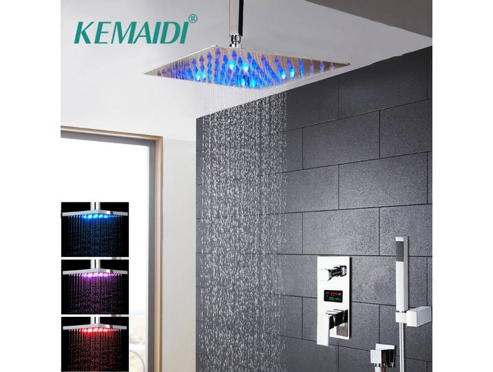 Ensemble de robinet de douche numérique à LED KEMAIDI à montage au plafond, pomme de douche à effet pluie avec douchette à main, système de douche de salle de bain