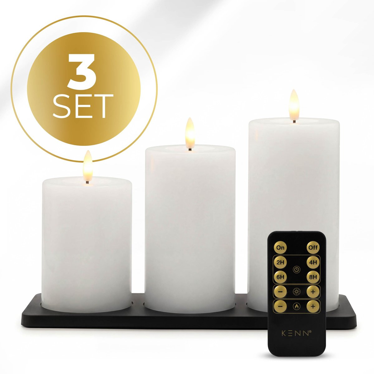 KENN GlowPro Oplaadbare LED Kaarsen Set van 3 - Wit - Met Afstandsbediening, Timer en Bewegend Vlammeffect