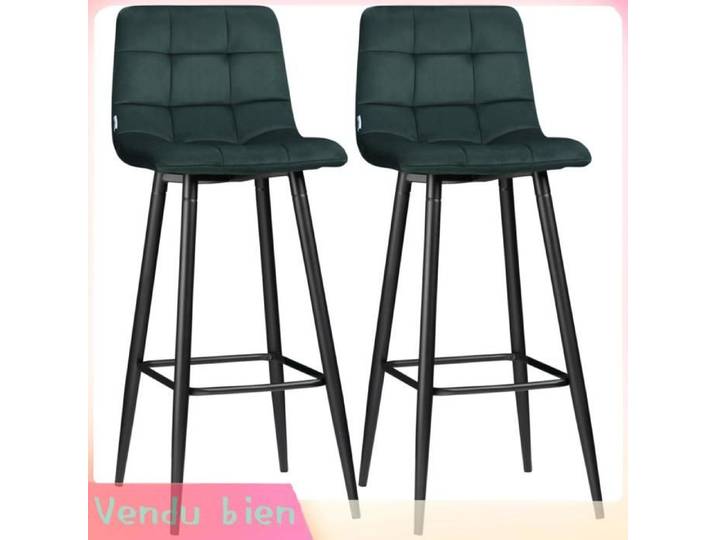 LIA Lot 2 tabourets bar velours capitonné acier vert foncé H77cm
