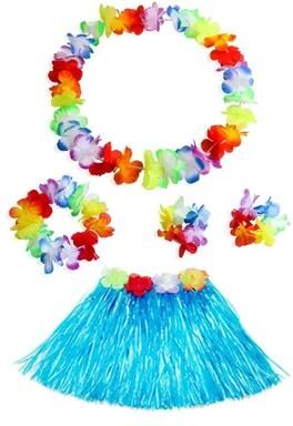 Uplift Picks Colorful Kids Hawaiian Luau Costume Set With Grass Skirt Party Accessories blue (5 Pcs)