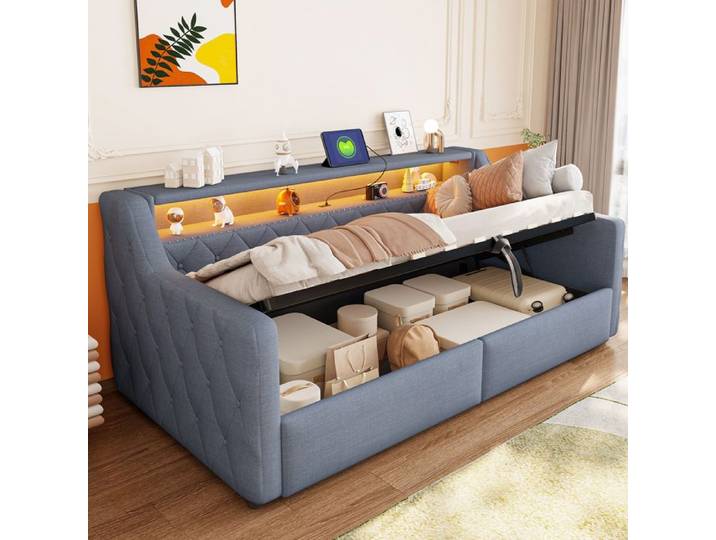 Lit de jour 90x200 cm avec rangement - Lit de jour 90x200 cm - Rangement hydraulique - Bande lumineuse LED multicolore