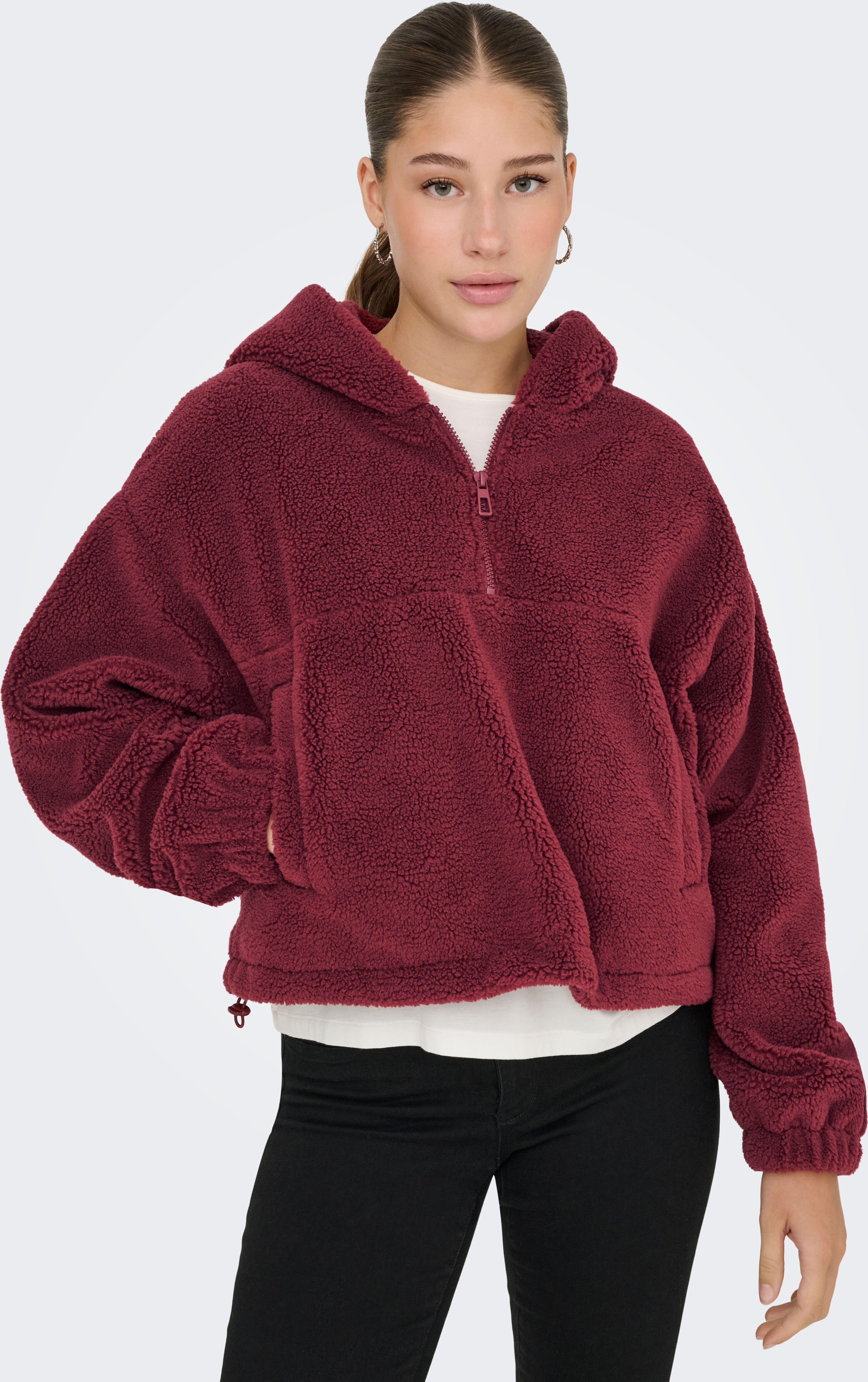 Fleecejacke ONLY "ONLSIENA TEDDY ANORAK LIFE CC OTW", Damen, Gr. S, rot (cabernet), Web, Obermaterial: 100% Polyester, unifarben, regular fit, Bündchen, Jacken Fleecejacke cabernet S
