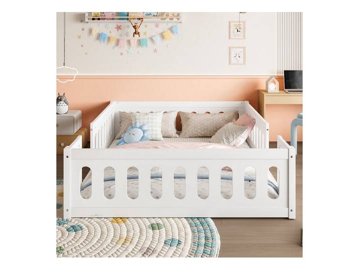MODFU Kinderbett mit Geländer (Holz-Plattformbett, Weiß – Robuste Massivholzkonstruktion, Halbgeschlossener Zaun für mehr Sicherheit., 1-tlg., 90/140x200)