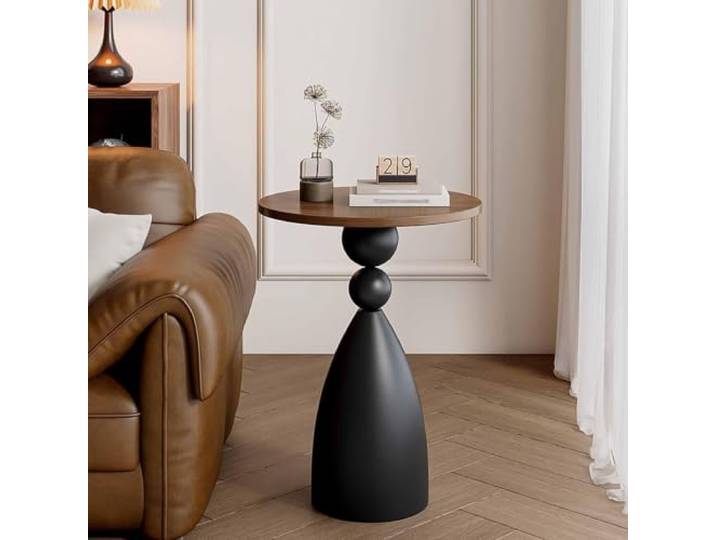 Moderner Runder Beistelltisch mit Massivholzplatte und Metallgestell Schlankes Beistelltisch-Design mit dekorativer runder Form für Getränke, Pflanzen und Wohnaccessoires
